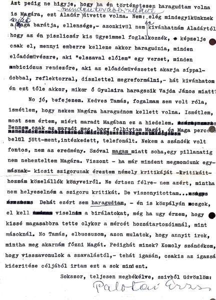 Palotai Erzsi levele